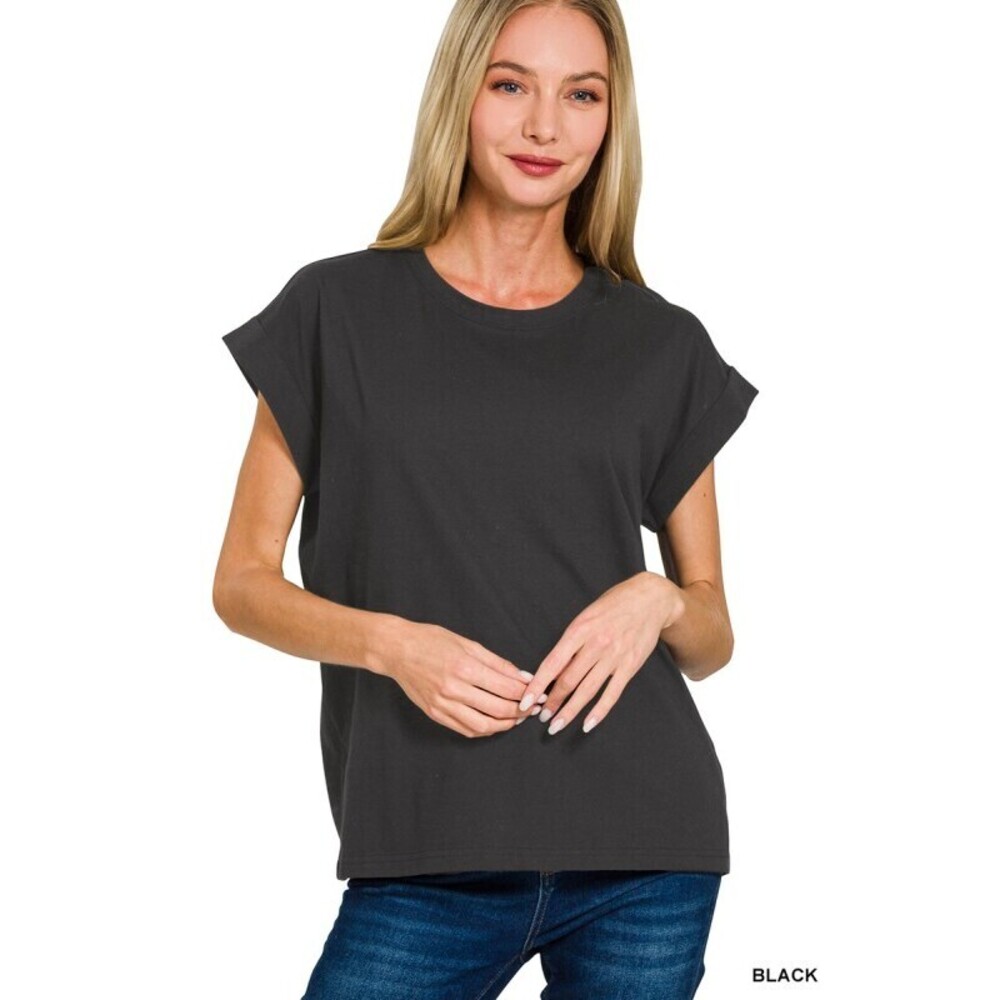 Z1 BLACK Zenana Round Neck Folded Short Sleeve T-Shirt Various Sizes